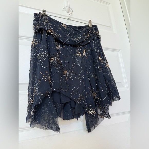 NWT Zara Collection Navy Embroidered Asymmetric Beaded Skirt - Picture 6 of 15